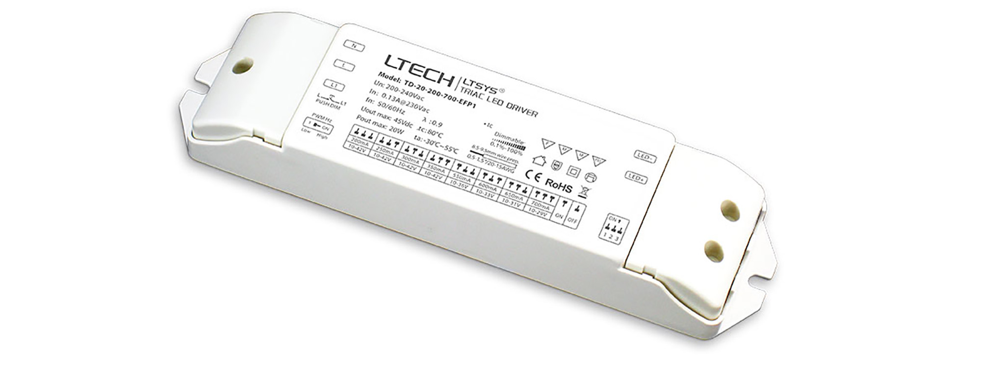 TD-20-200-700-EFP1  Triac/ELV, Push Dim, PWM, 2-20W, CC Dimmable Driver, 200-700mA, DC:10-42V, EFF>80%, 3yrs Warranty